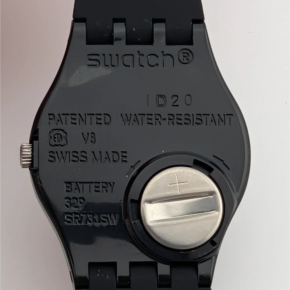 Swatch Swiss Black Quartz Watch White Arabic Numerals 25mm Classic Minimalist